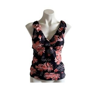 Yonique Womens Tankini Swim Top Size Medium Black Orange Floral Ruffle V Neck